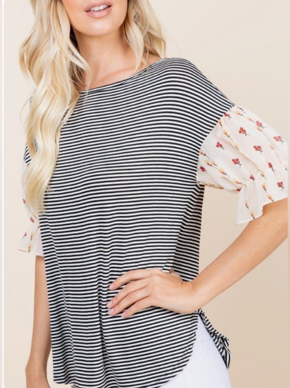 Mixed Media Curved Hem Casual Top/Black Stripe/Puffed Floral Sleeves: Small